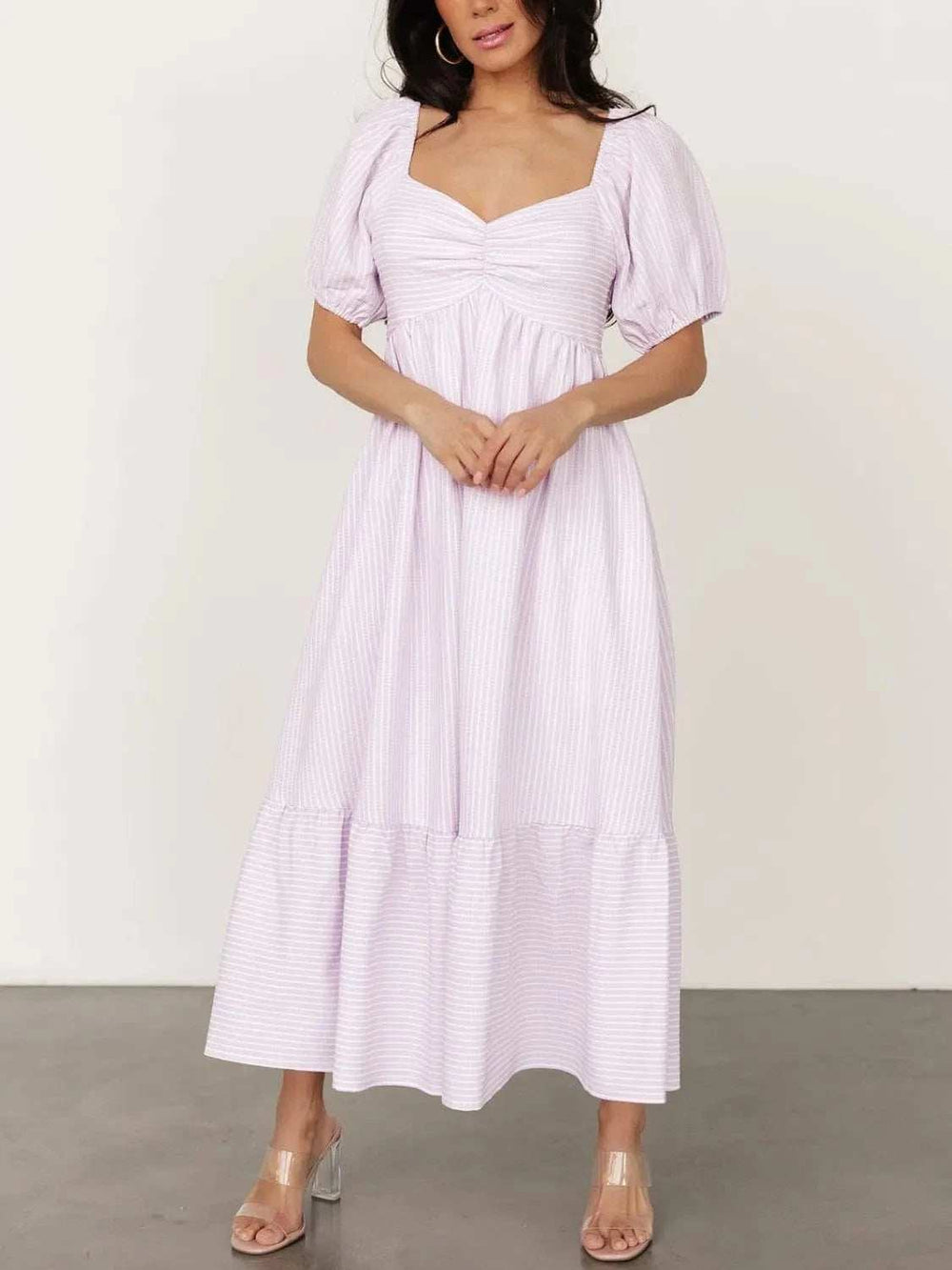 Striped Sweetheart Neck Puff Sleeve Midi Dress - Trendsi - Flyclothing LLC