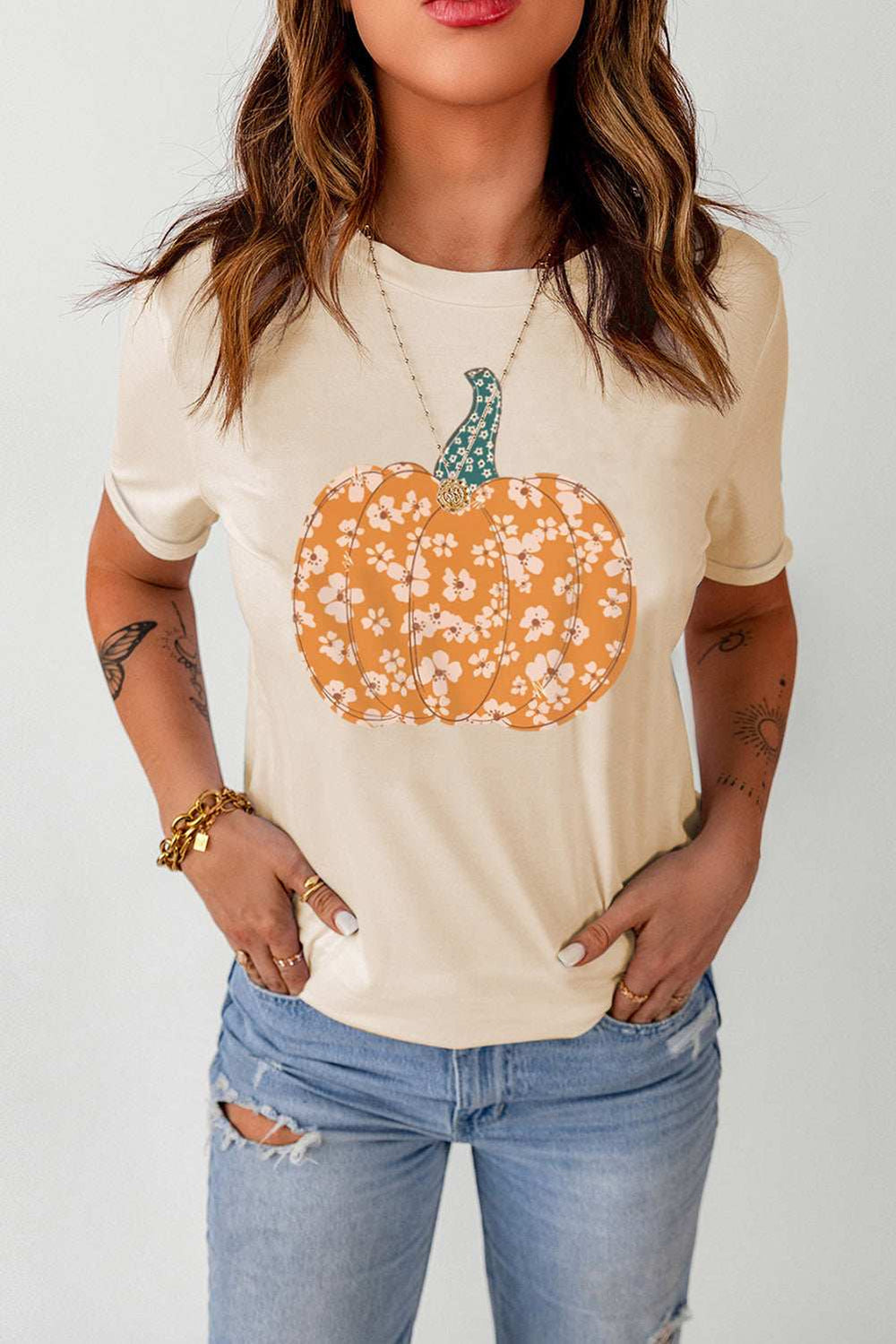Pumpkin Graphic Round Neck Cuffed T-Shirt - Trendsi - Flyclothing LLC