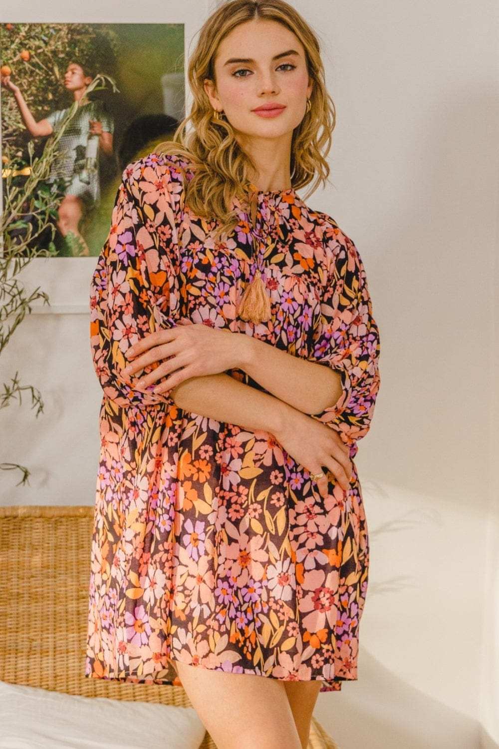 ODDI Full Size Floral Tied Neck Mini Dress - Trendsi - Flyclothing LLC