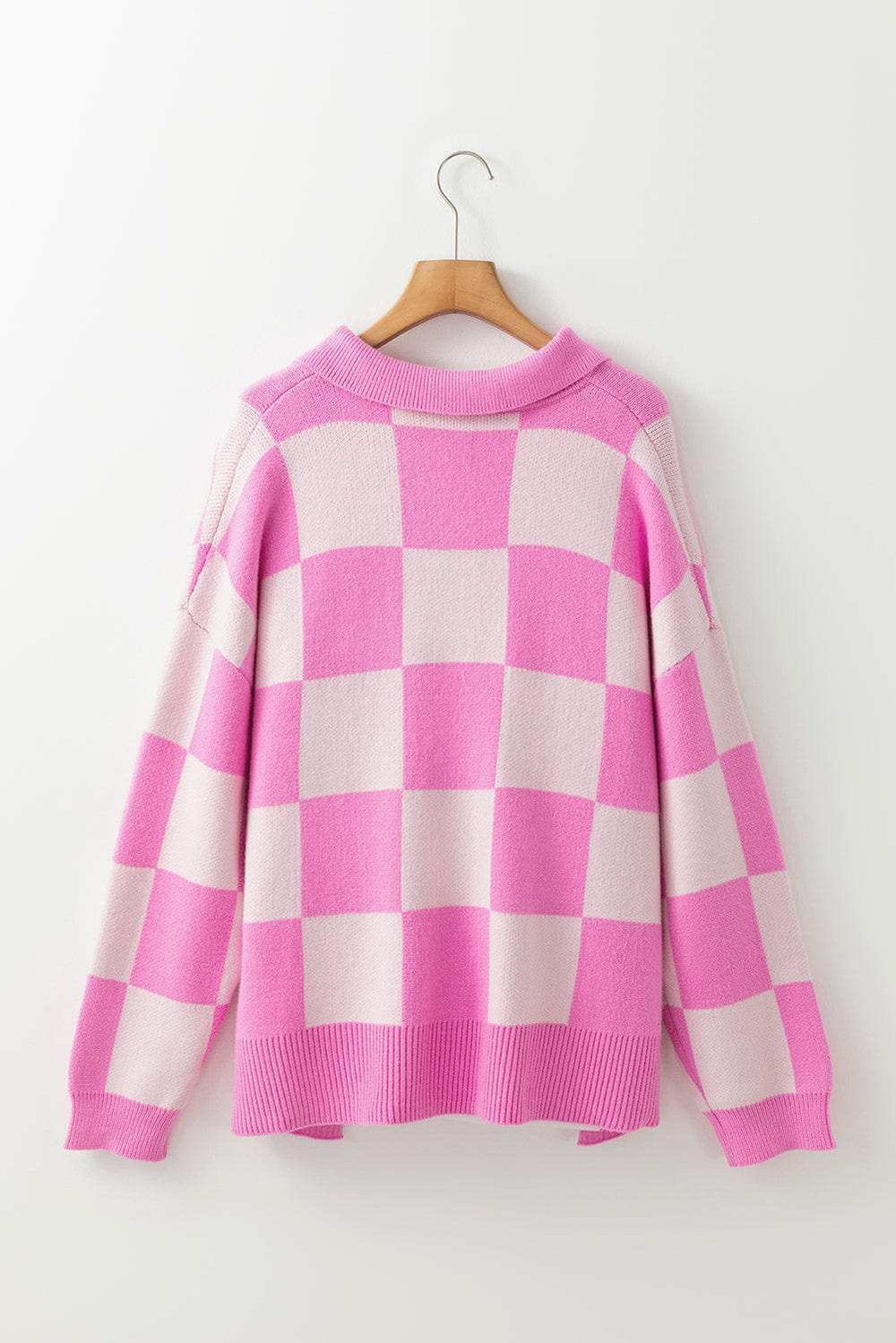 Slit Checkered Half Button Long Sleeve Sweater - Trendsi - Flyclothing LLC