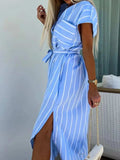 Striped Tie Waist Short Sleeve Dress - Trendsi - Flyclothing LLC