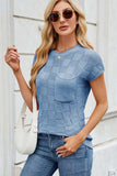 Checkered Round Neck Short Sleeve Knit Top - Trendsi - Flyclothing LLC