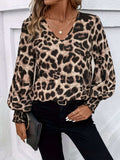 Leopard V-Neck Lantern Sleeve Blouse - Trendsi - Flyclothing LLC