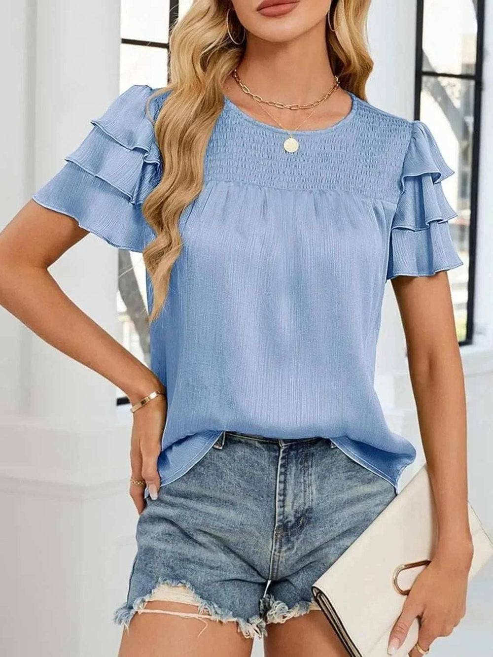 Smocked Round Neck Ruffled Layered Sleeve Blouse - Trendsi - Flyclothing LLC