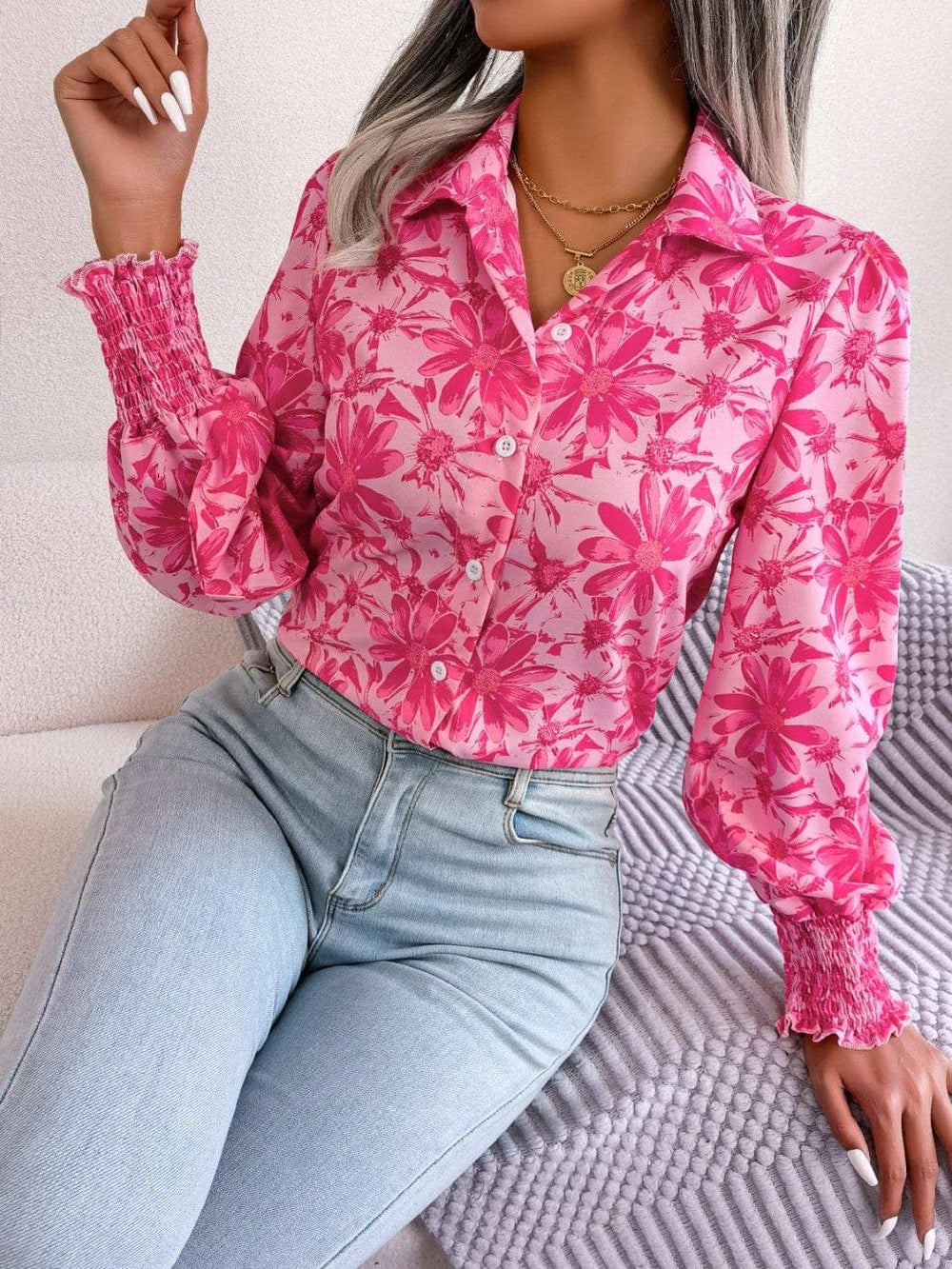 Floral Collared Neck Long Sleeve Shirt - Trendsi - Flyclothing LLC