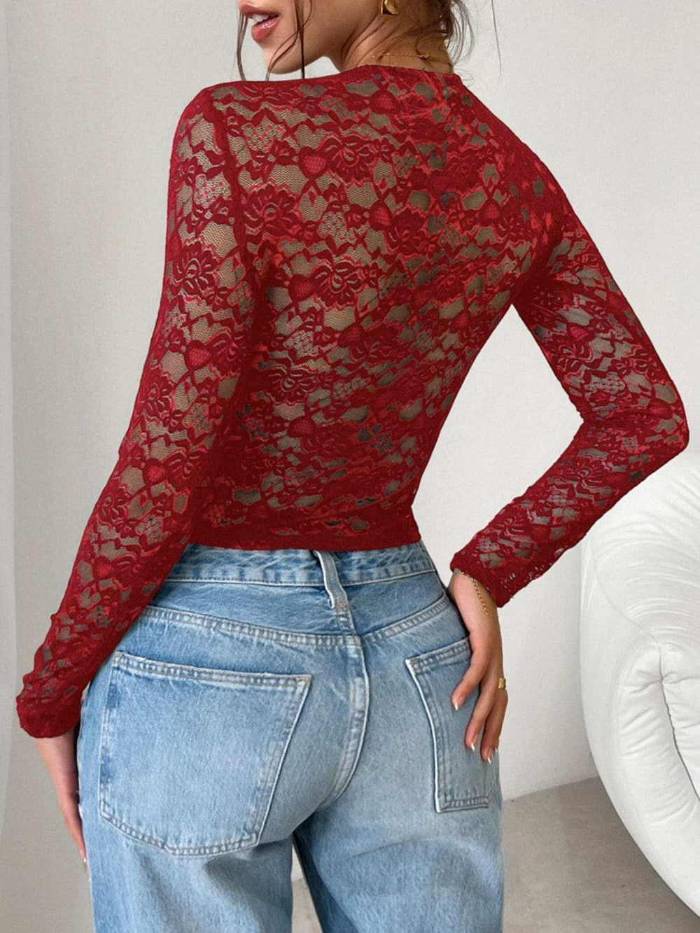 Devine Scoop Neck Long Sleeve Lace Top - Trendsi - Flyclothing LLC
