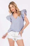 Ces Femme Striped V-Neck Ruffled Cap Sleeve Blouse - Trendsi - Flyclothing LLC