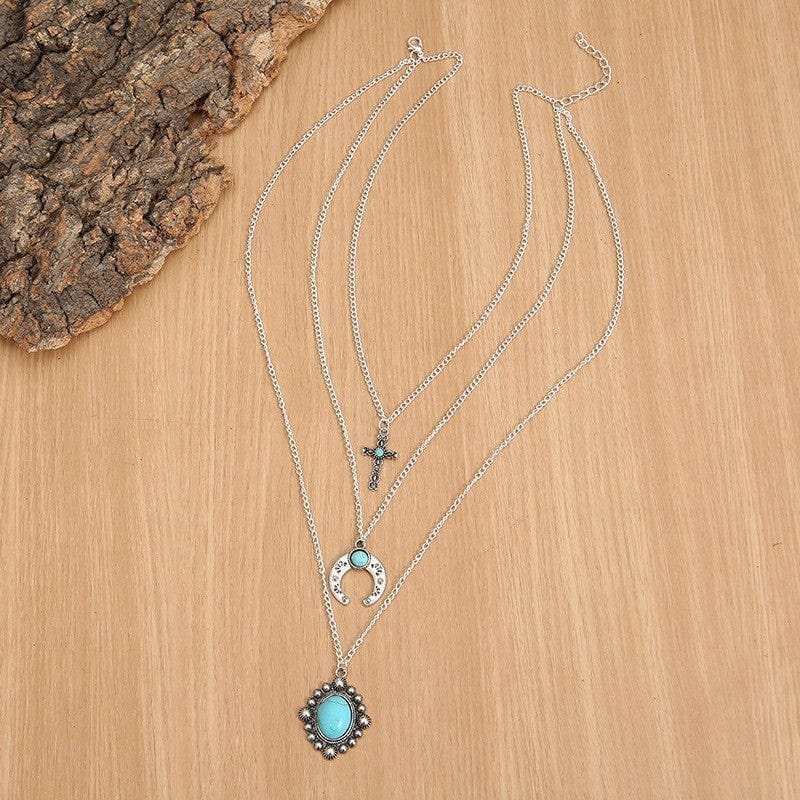 Artificial Turquoise Alloy Three-Layered Necklace - Trendsi - Flyclothing LLC