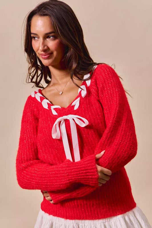 SO ME Satin Tape Braided Ribbon Tie V Neck Sweater - Trendsi - Flyclothing LLC