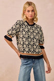 BiBi Textured Rose Knit Top Contrast Banded Puff Sleeve - Trendsi - Flyclothing LLC