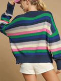 Contrast Striped Round Neck Long Sleeve Sweater - Trendsi - Flyclothing LLC
