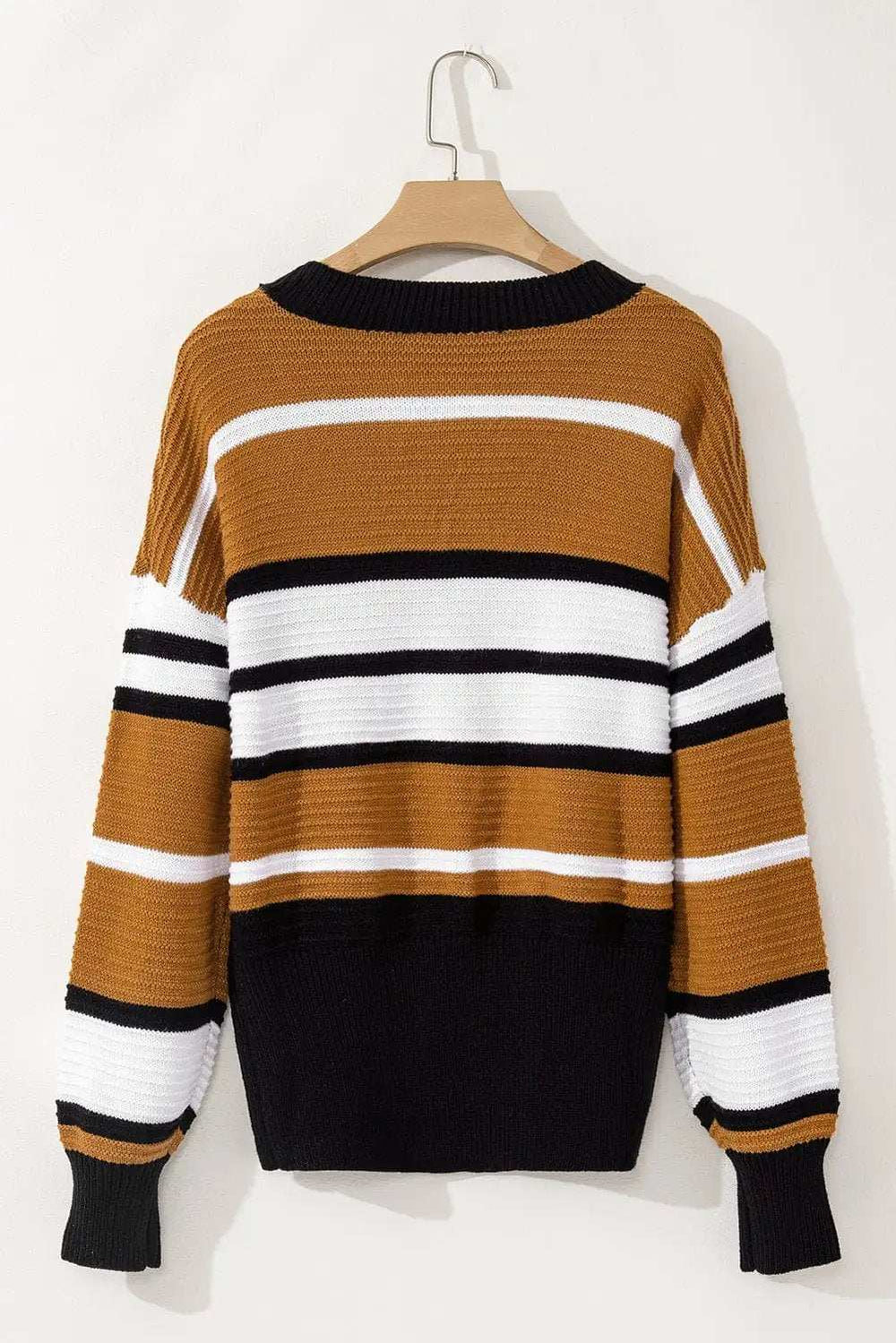 Contrast Stripes V Neck Long Sleeve Sweater - Trendsi - Flyclothing LLC