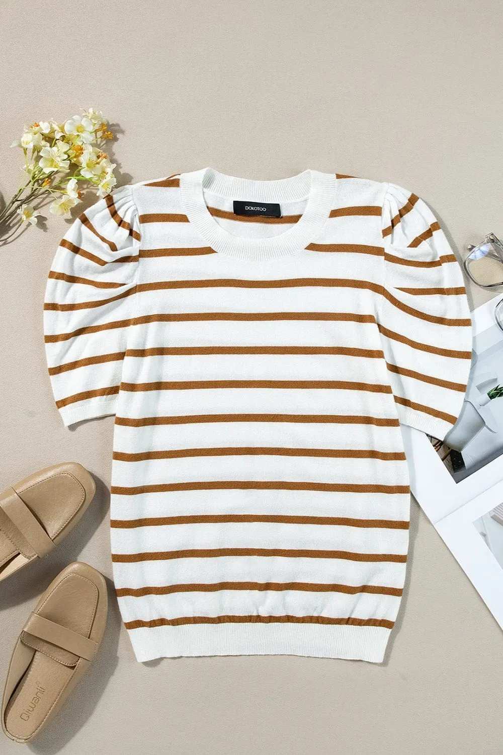 Striped Round Neck Puff Sleeve Knit Top - Trendsi - Flyclothing LLC
