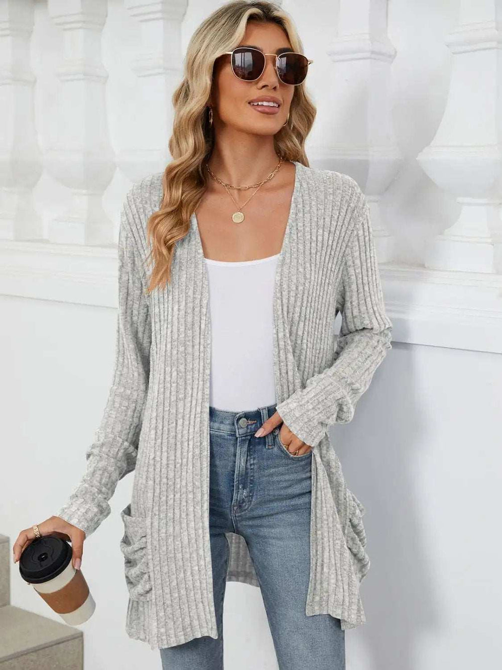Pocketed Open Front Long Sleeve Cardigan - Trendsi - Flyclothing LLC
