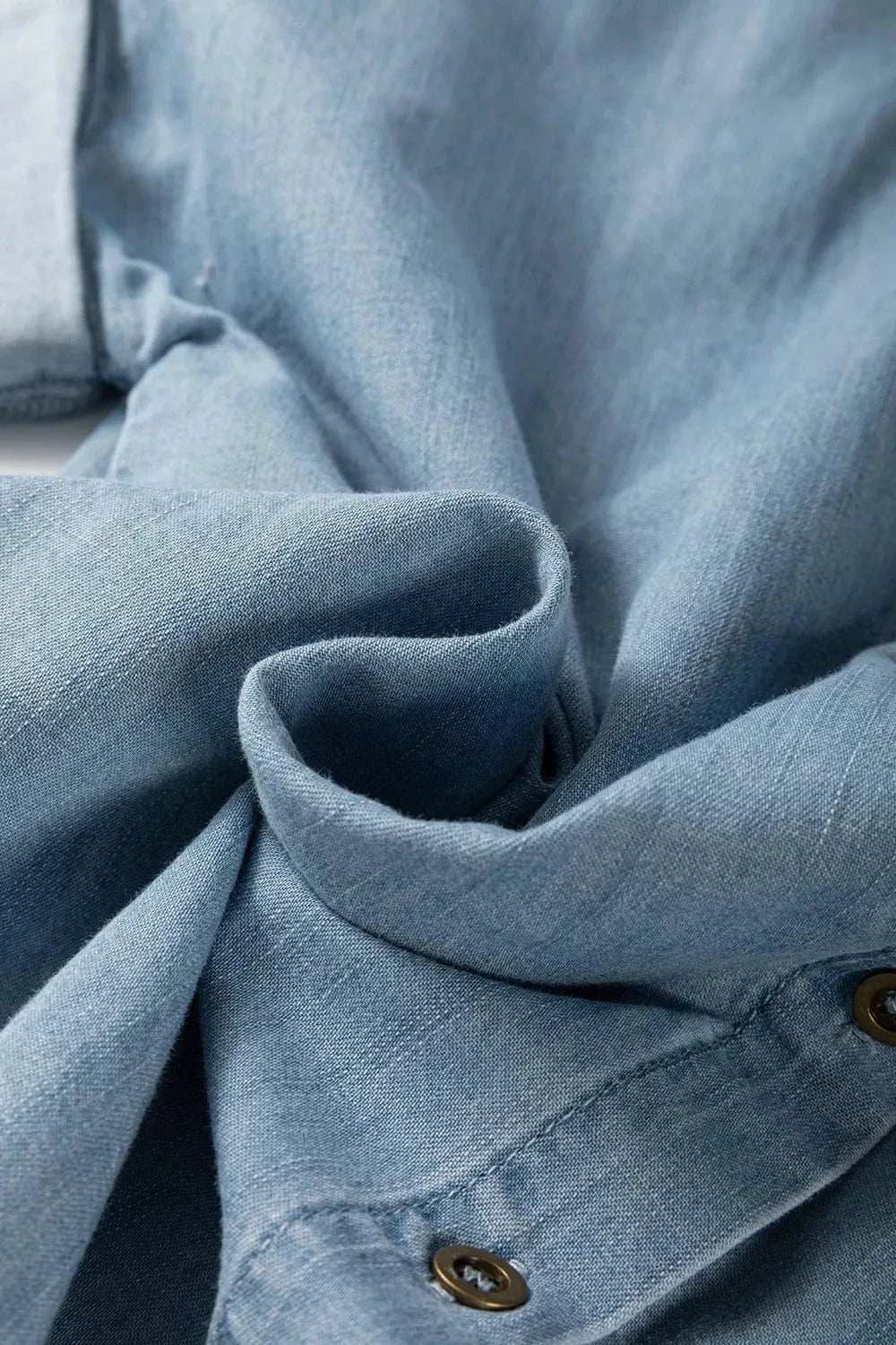 Folded Short Sleeve Patched Pocket Denim Shirt - Trendsi - Flyclothing LLC