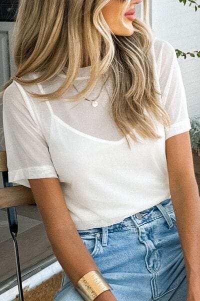 V-Neck Cami and Round Neck Short Sleeve Cover Up Set - Trendsi - Flyclothing LLC