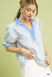 Umgee Seersucker Stripe Ruffle Sleeve Top - Trendsi - Flyclothing LLC