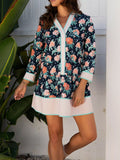Floral Print Striped Trim V Neck Long Sleeve Ruffle Hem Shift Mini Dress - Trendsi - Flyclothing LLC