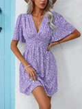 Printed V-Neck Half Sleeve Mini Dress - Trendsi - Flyclothing LLC