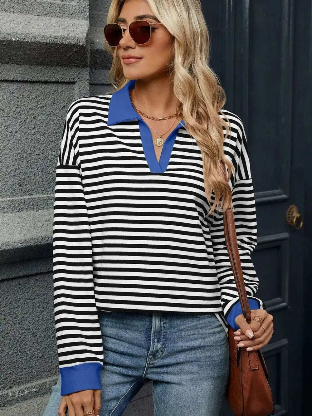 Striped Johnny Collar Long Sleeve Sweatshirt - Trendsi - Flyclothing LLC