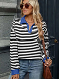Striped Johnny Collar Long Sleeve Sweatshirt - Trendsi - Flyclothing LLC