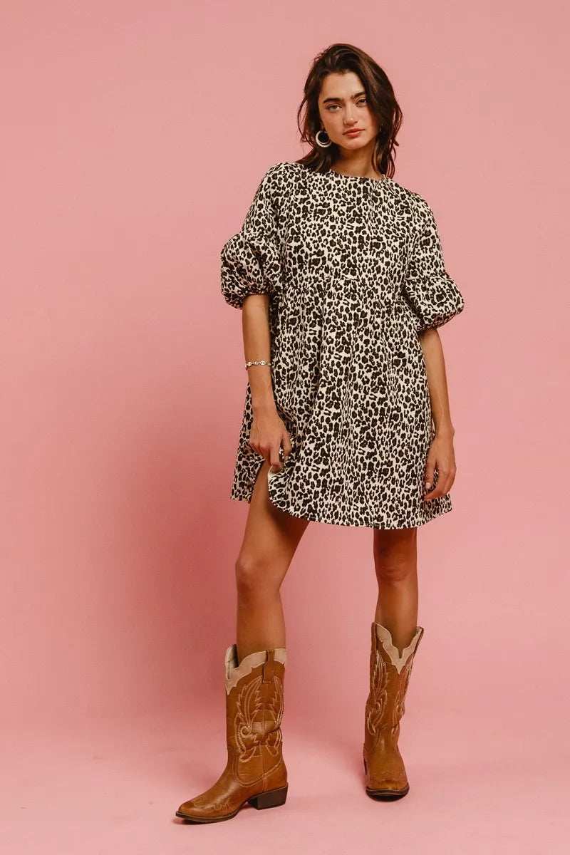 BiBi Leopard Denim Dress With Back Contrast Tie Detail - Trendsi - Flyclothing LLC