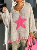 Star V-Neck Long Sleeve Sweater - Trendsi - Flyclothing LLC