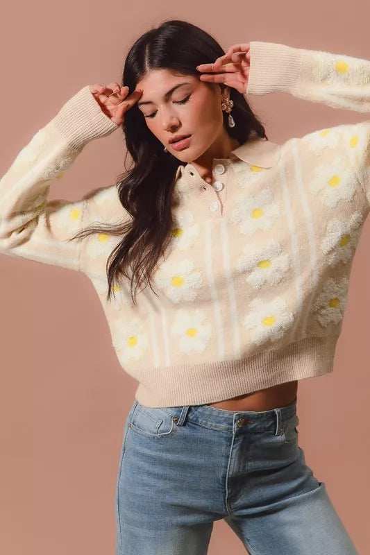 SO ME Floral Stripe Polo Collar Sweater - Trendsi - Flyclothing LLC