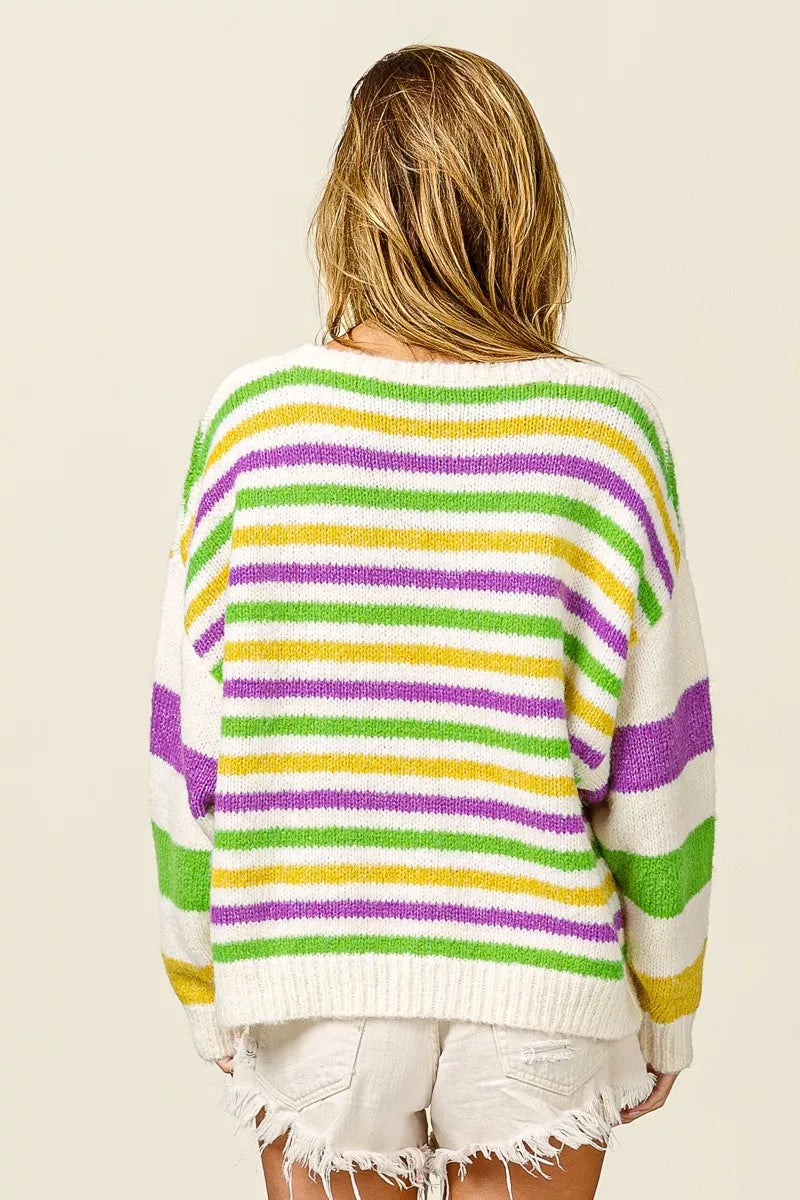 BiBi Mardi Gras Colors Stripe Comfy Sweater - Trendsi - Flyclothing LLC