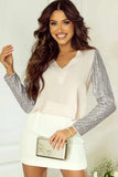 Sequin V-Neck Long Sleeve Blouse - Trendsi - Flyclothing LLC