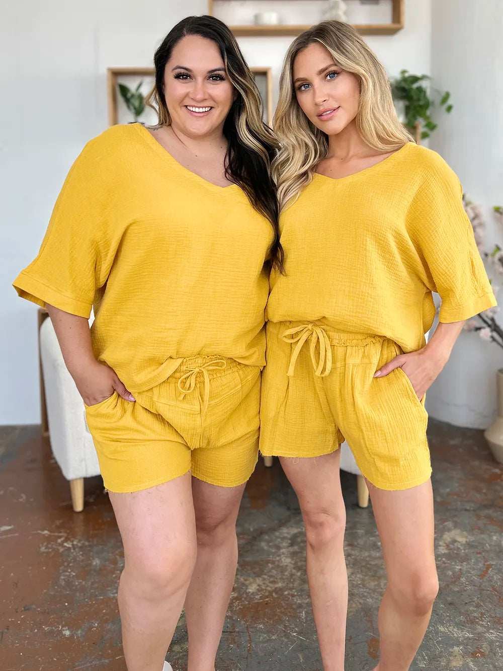 Double Take Texture Half Sleeve T-Shirt and Drawstring Shorts Set - Trendsi - Flyclothing LLC