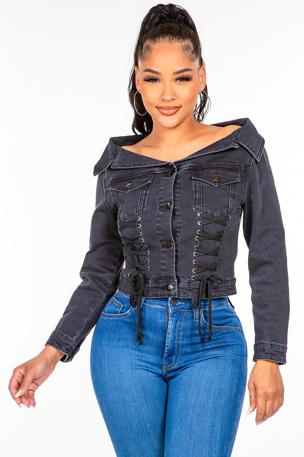 Off the shoulder black denim jacket outlet