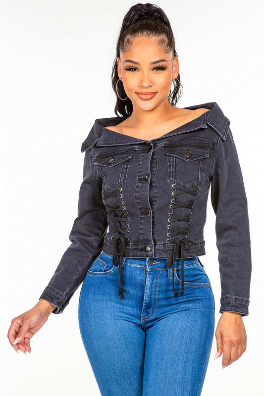 American Bazi Off Shoulder Lace Up Denim Jacket - Trendsi - Flyclothing LLC