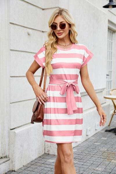 Tied Contrast Striped Short Sleeve Mini Tee Dress - Trendsi - Flyclothing LLC