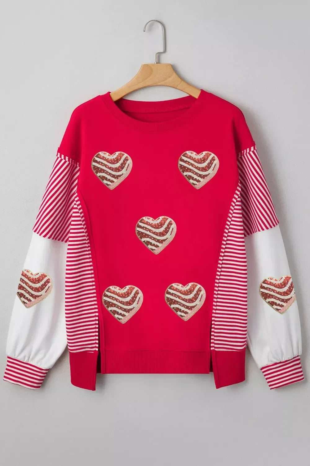 Color Block Striped Patchwork Valentines Day Sequin Heart Graphic Sweatshirt - Trendsi - Flyclothing LLC