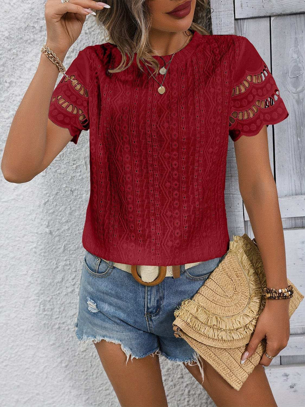 Full Size Eyelet Round Neck Short Sleeve Top - Trendsi - Flyclothing LLC