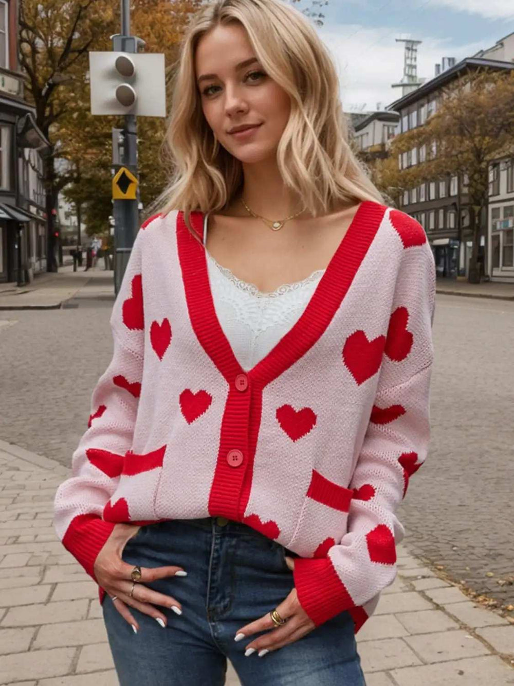 Heart Button Up Dropped Shoulder Long Sleeve Cardigan - Trendsi - Flyclothing LLC