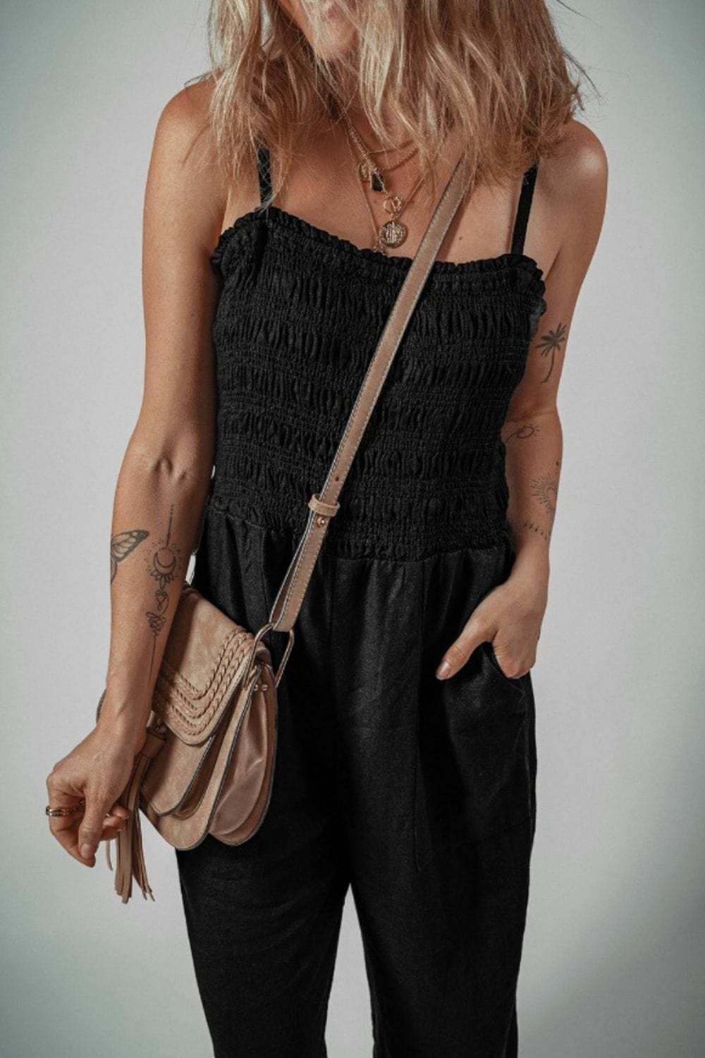 Smocked Spaghetti Straps Wide Leg Jumpsuit - Trendsi - Flyclothing LLC