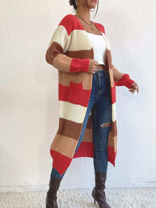 Striped Color Block Open Front Knit Cardigan - Trendsi - Flyclothing LLC