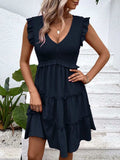 Ruffled V-Neck Cap Sleeve Dress - Trendsi - Flyclothing LLC