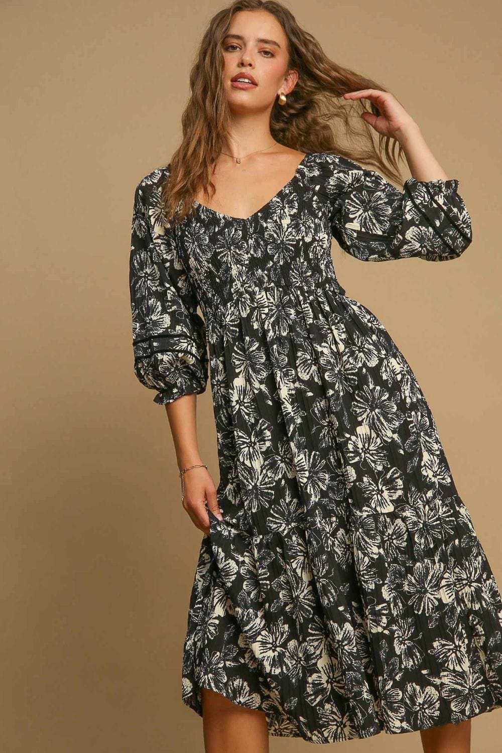 Umgee Ruffle Hem Flower Printed V-Neck Dress - Trendsi - Flyclothing LLC