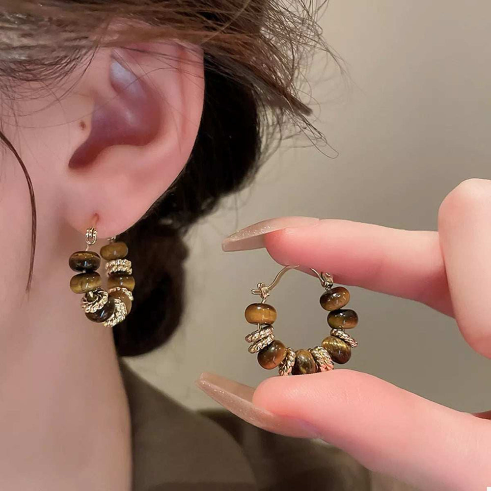 Tiger's Eye 18K Gold-Plated Copper Geometric Earrings - Trendsi - Flyclothing LLC