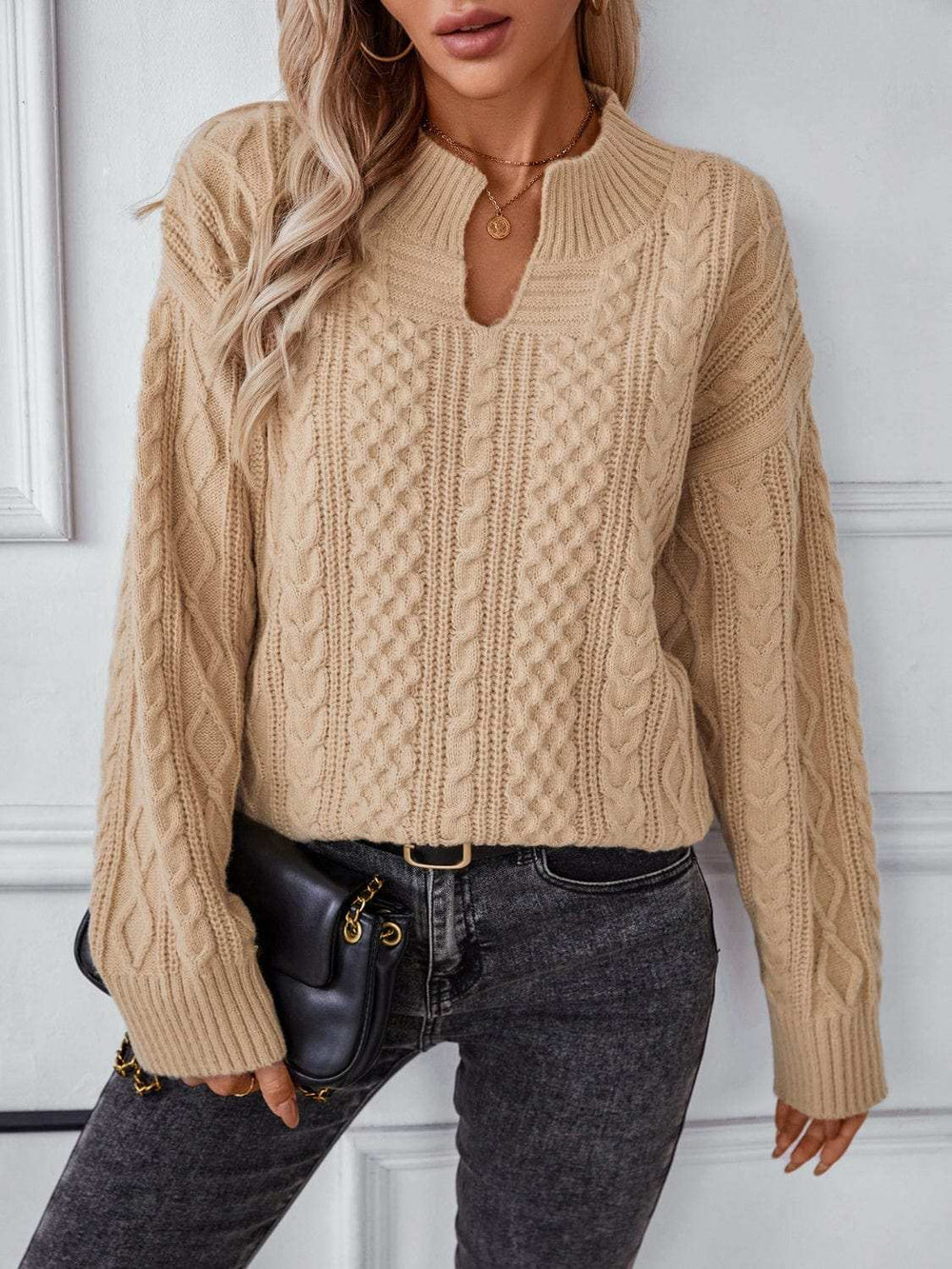Cable-Knit Notched Long Sleeve Sweater - Trendsi - Flyclothing LLC