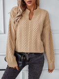 Cable-Knit Notched Long Sleeve Sweater - Trendsi - Flyclothing LLC