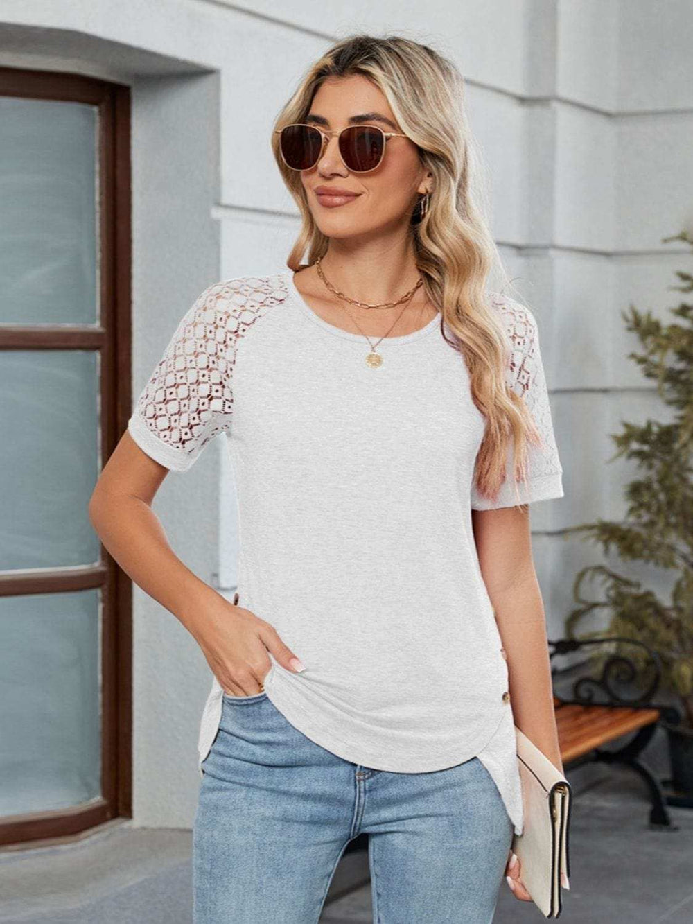 Round Neck Lace Short Sleeve T-Shirt - Trendsi - Flyclothing LLC