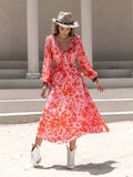 Tied Cutout Printed Long Sleeve Midi Dress - Trendsi - Flyclothing LLC
