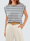 Striped Round Neck Cap Sleeve T-Shirt - Trendsi - Flyclothing LLC