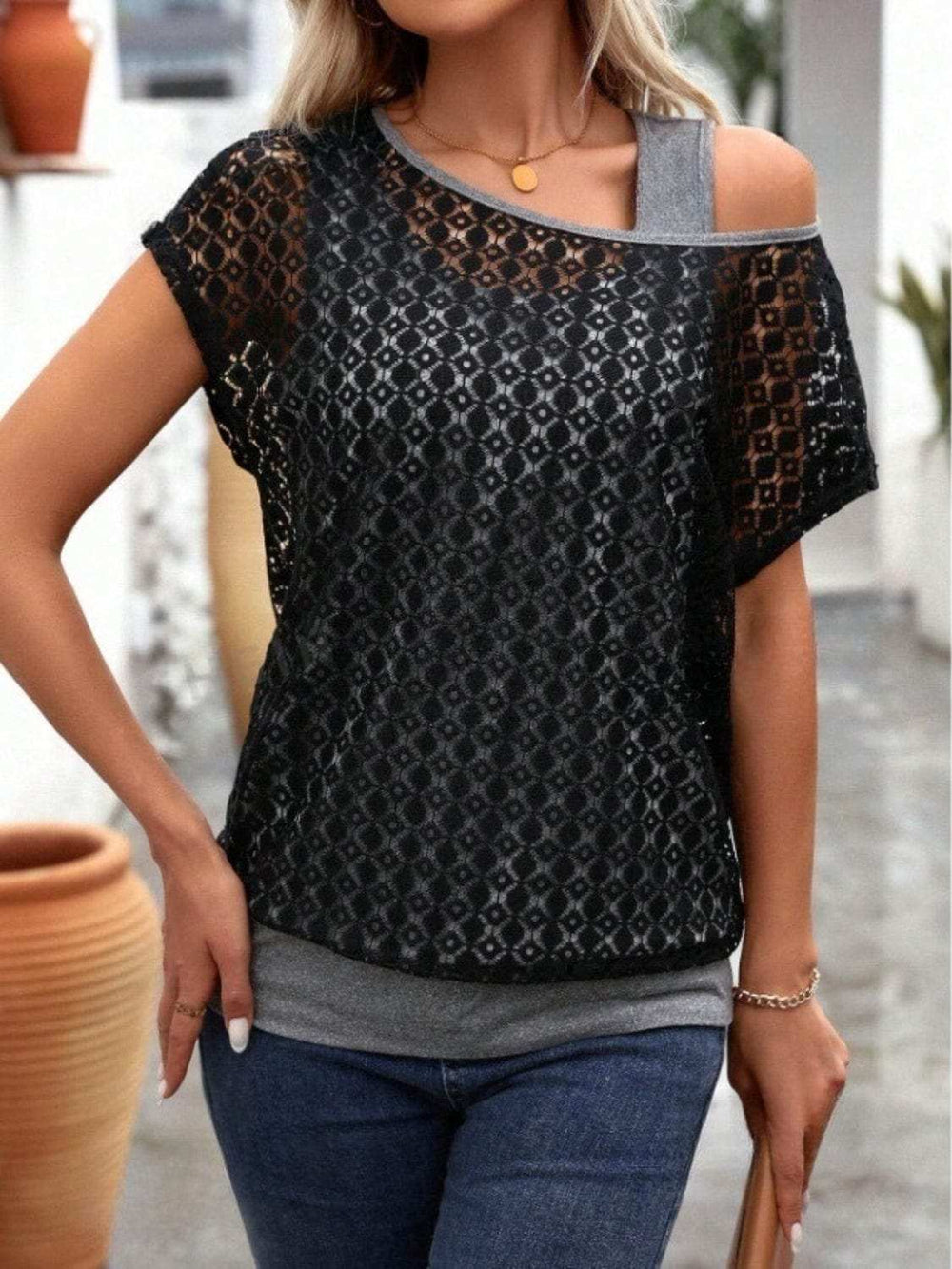 Lace Short Sleeve Fake Two Piece T-Shirt - Trendsi - Flyclothing LLC