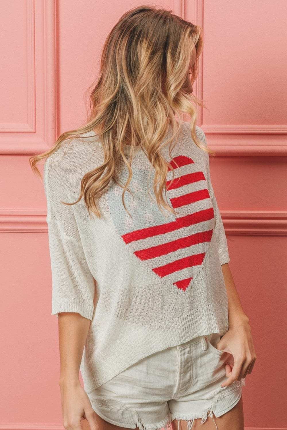 BiBi Striped Heart Contrast Knit Top - Trendsi - Flyclothing LLC