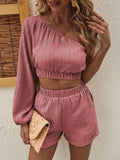 One Shoulder Long Sleeve Top and Shorts Set - Trendsi - Flyclothing LLC